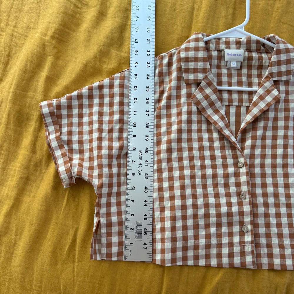 Find Me Now Womens Brown Gingham Cropped Short Sleeve Button Down Shirt Size M - Picture 4 of 5